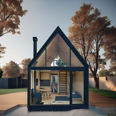 Snel geïnstalleerde twee verdiepingen tellende prefab villa met A-frame-ontwerp en driehoekige container gemaakt van gegalvaniseerde stalen vierkantbuizen