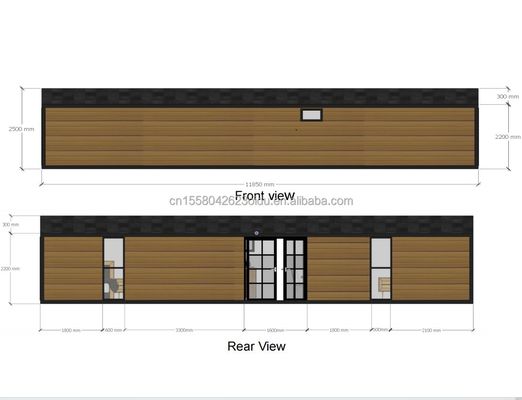 Gegalvaniseerd stalen buiging 180g en aluminiumlegering ramen 40ft modern ontwerp geprefabriceerd houten container huis voor hotel winkel