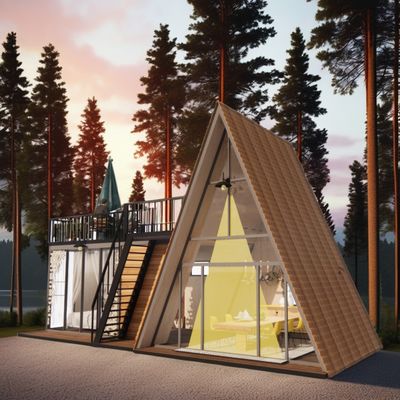 Hotel Resort Prefab Container House met een slaapkamer badkamer keuken en sandwich paneel deur in moderne driehoekige vorm