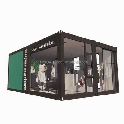 Opvouwbare combinatie woning Houten huis voor winkel Op maat gemaakte kleur staal frame gegalvaniseerd staal buigen 180g