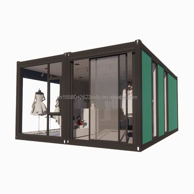 Opvouwbare combinatie woning Houten huis voor winkel Op maat gemaakte kleur staal frame gegalvaniseerd staal buigen 180g