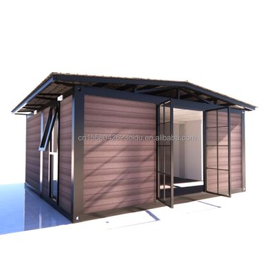Platte verpakkingscontainer voorgefabriceerd metalen en houten tuinkantoor met gegalvaniseerde vierkante stalen buizen