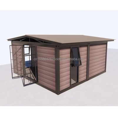 Platte verpakkingscontainer voorgefabriceerd metalen en houten tuinkantoor met gegalvaniseerde vierkante stalen buizen
